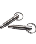 Straight Shooter Stainless Steel Locating Pin Featuring Spring Loaded Indexing Plunger And Retractable Lever For Quick Swaps In Garage Or Woodshop M6 Precise Dowel, two stainless steel pins with round rings.