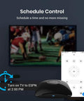 All In One Smart Home Hub With IR And RF Blaster For TV Curtains Shades AC And Lights WiFi Remote Works With Alexa Google Assistant And IFTTT RM4 Pro Controller For Seamless Home Automation in front of TV and smartphone app interface showing schedule control.
