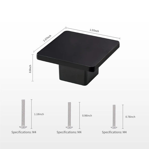 1.57 Inch Square Cabinet Knobs Matte Black Dope Drawer Pulls For Bathroom And Kitchen Cabinets Durable Zinc Alloy Smooth Texture Easy Install 6 Pack Modern Minimalist Hardware with screws shown