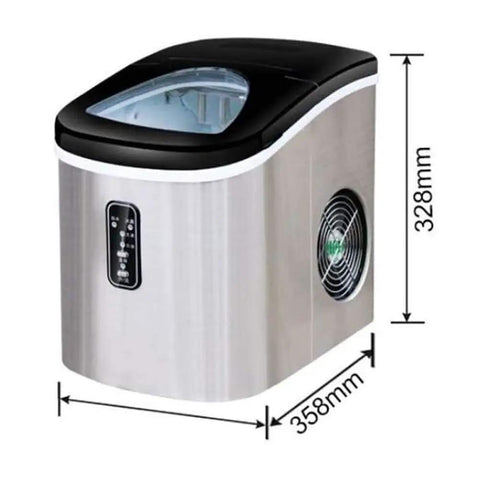 Countertop Ice Cube Maker 12kg Daily Yield Fast Chill Unit With Clear Window Self Draining System No Hookup Drama Food Safe Abs Shell Compact Setup For Backyard Hangouts, shown with dimensions 358mm x 328mm.