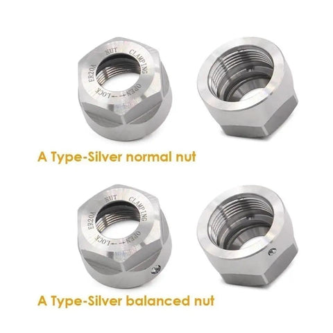 Premium Heavy Duty ER20A Collet Clamping Nut For CNC Milling Machines Kicks Off Vibrations And Holds Tight Like Gangbusters Balanced Silver Steel Precision Holder Tool showing normal and balanced nuts.