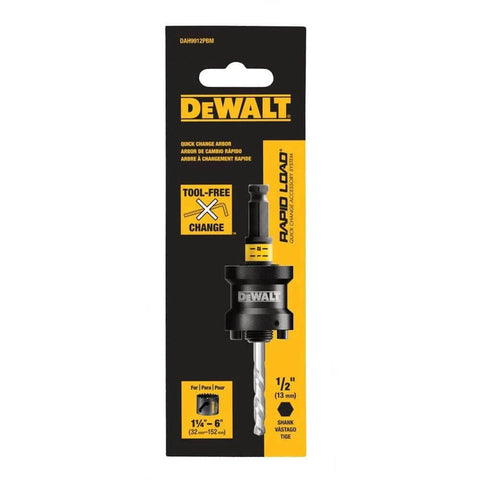 Front view of DEWALT Rapid Load hole saw arbor packaging, 1/2-in shank, black and yellow.