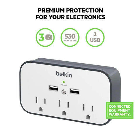 On-Wall Surge Protector Mount With Three Outlets And Two USB Ports, Handy Charging Station With 540 Joules Of Protection