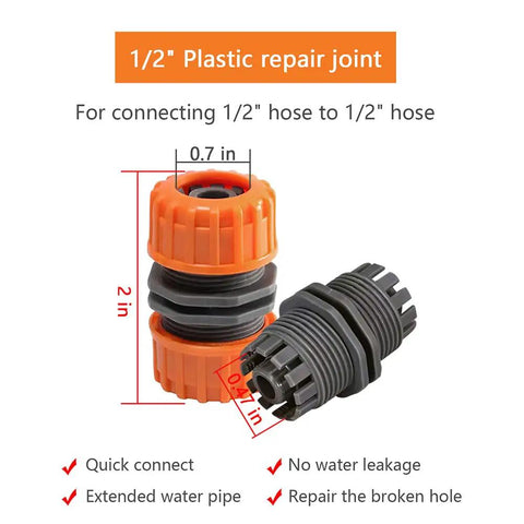 Garden Hose Repair Kit For 1/2 Inch Hoses, Quick Connect Connectors shown with measurements and features in orange and black