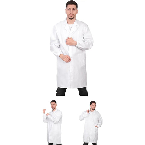 Custom Embroidered Lab Coat For Men With Your Name Or Text Personalized Long Sleeve Three Pocket Medical Coat Durable Stain Resistant Comfortable Fit Ideal For Doctors Nurses And Medical Students, shown on model.