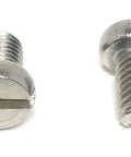 Close-up view of Snag These Rock Solid M6 X 10 Millimeter Stainless Steel Slotted Cheese Head Machine Screws Meeting Din 84 Specs With A2-70 Grade Quality.