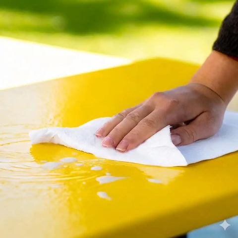 350 Count White Heavy-Duty Shop Towels, Ultra Absorbent Industrial Wipers, wiping water from a yellow surface