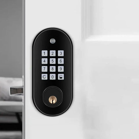Built Tough Security Meets No Sweat Convenience With This Sleek Black Keypad Deadbolt Electronic Door Lock mounted on a door.