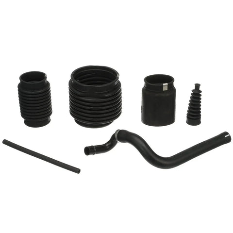 Stern Drive Transom Seal Repair Kit To Fix Your MerCruiser Bravo And Blackhawk Stern Drives With Exhaust Bellows Hoses Seals Gaskets And Clamps For Sealing The Transom Opening Right. Black rubber transom seal repair kit parts laid out