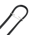 Heat tape spacer clip on black roofing de-icing heating cable; silver metal clip close-up