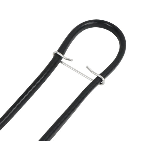 Heat tape spacer clip on black roofing de-icing heating cable; silver metal clip close-up