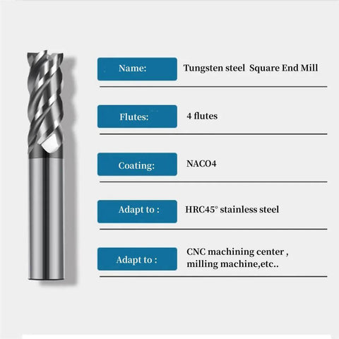 Side view of a 1/2 inch carbide square end mill with 4 flutes and AlTiN coating