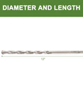 HLOFIZI side-view masonry drill bit, 1/2 in diameter, 12 in length, carbide-tipped, 3-flat shank.