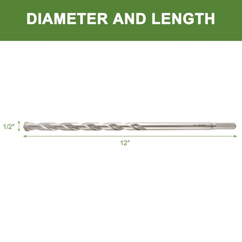 HLOFIZI side-view masonry drill bit, 1/2 in diameter, 12 in length, carbide-tipped, 3-flat shank.