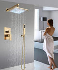 Gold Shower System With 10 Inch Brass Rain Shower Head And Handheld, wall mounted, LED rain experience in modern bathroom