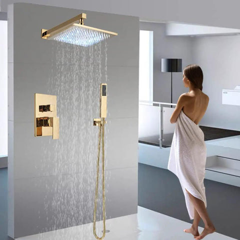 Gold Shower System With 10 Inch Brass Rain Shower Head And Handheld, wall mounted, LED rain experience in modern bathroom