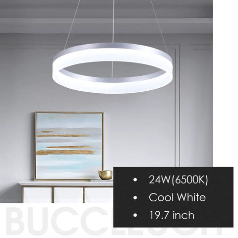 Sleek Modern LED Chandelier Round Pendant Light 19.7 Inch Dimmable Ceiling Light mounted above a console table showcasing dimmability