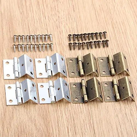 4 Pack Zinc Alloy Cabinet Hinge Set For Cabinets, Jewelry Boxes, And Small Furniture 25x15x12mm With Screws on Wood Surface
