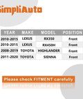 Compatibility chart for Front Wheel Hub Bearing Assembly For Lexus RX350 RX450h 2010 to 2015 Toyota Highlander 2008 to 2019 Sienna 2011 to 2020 OE Replacement Front Right Drop In Ready For Easy Install