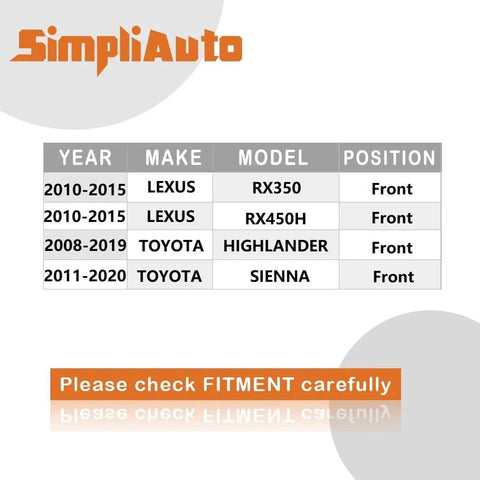 Compatibility chart for Front Wheel Hub Bearing Assembly For Lexus RX350 RX450h 2010 to 2015 Toyota Highlander 2008 to 2019 Sienna 2011 to 2020 OE Replacement Front Right Drop In Ready For Easy Install