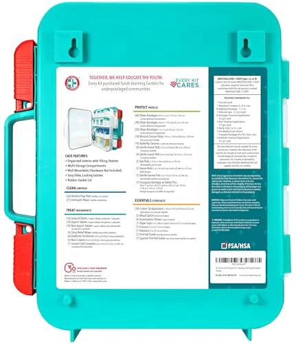 Be Smart Get Prepared teal first aid kit with orange handle, 326-piece, front view