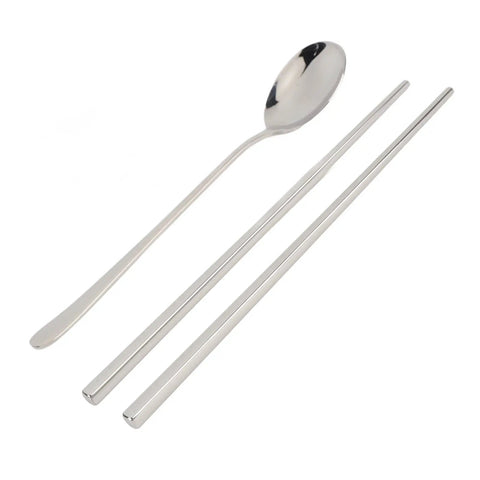 Stainless Steel Travel Utensils Set With Case, Portable Silverware Kit With Chopsticks And Spoon on white background.