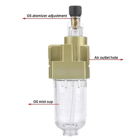 Close-up view of Pneumatic Oil Mist Lubricator FRL Unit for air tools and compressors with filter regulator lubricator combo.