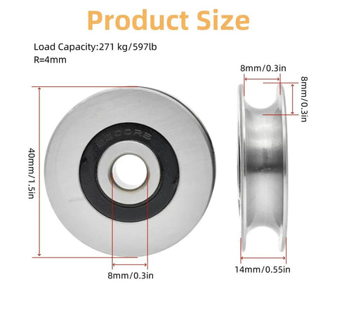Deep U Grooved Steel Wire Rope Pulley For Industry Equipment Gym Garage Door Opener Beefy Heavy Duty 50mm Outer Diameter 8mm Inner Diameter 8mm Groove 271 Kg Capacity Fits 3 12mm Rope Two Pack showing 40mm wheel size