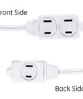 Front and back view of Three Outlet Extension Cord 15 Ft Power Strip 2 Pack White UL Listed with twist to close safety covers.