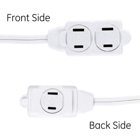 Front and back view of Three Outlet Extension Cord 15 Ft Power Strip 2 Pack White UL Listed with twist to close safety covers.
