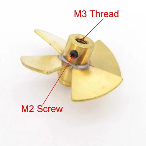 Four Blade Copper RC Boat Propeller For 24mm And 26mm Shafts M3 Thread Left Hand High Torque Impeller showing M2 screw