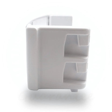 Side view of Upgraded Lifetime Appliance Door Shelf Bin Rack Replacement, showing sturdy white plastic construction.