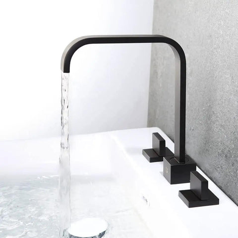 Matte Black 2-Handle 3-Hole Widespread Bathroom Sink Faucet With Pop-Up Drain, Solid Brass Construction, 8-Inch Centers, Waterfall Style Gooseneck Spout, Fingerprint-Resistant Finish, Easy Temperature Control