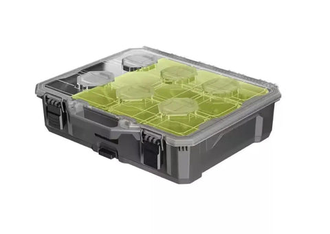 Fits For Link 10-Compartment Modular Small Parts Organizer Tool Box with clear lid and durable build, shown closed.
