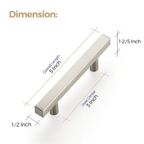 30 Pack Brushed Nickel Square Cabinet Pulls 5 Inch Overall Length With 3 Inch Center Mount Half Inch Width and Dimensions Shown