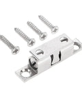 Heavy Duty Double Ball Spring Clip Sliding Door Lock And Gate Bolt Built Tough For Bulletproof Cabinet Latching and Breezy Smooth Daily Operation With Mounting Hardware Included, showing steel latch and screws.
