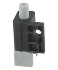 Black and gray plunger safety switch replacement part for CADET mowers, plastic material, shown from angled view.