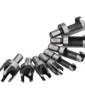 Top Shelf Eight Piece Cork Drill Bit Set High Carbon Steel Wood Plug Cutter Titanium Coated precision drill bits for woodworking.