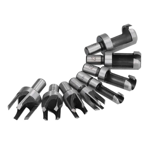 Top Shelf Eight Piece Cork Drill Bit Set High Carbon Steel Wood Plug Cutter Titanium Coated precision drill bits for woodworking.