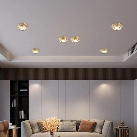 Top Notch 10 Pack Brass Led Downlights, 10W Eyeball Retrofit Spot Lights, Dimmable Recessed Lighting Kit For Living Rooms And Hallways, installed in ceiling.
