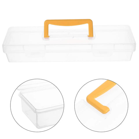 Heavy Duty Small Parts Organizer Box Built Tough Plastic Tool Caddy With Grippy Handle And Snappy Dividers, clear storage with orange handle.