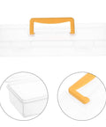 Straight Up Plastic Tool Box With Sturdy Carry Handle Divided Multi Purpose Compartments For Weekend DIY Projects Hardware Sorting Paint Brush Holder And Small Gear, clear case perspective with orange handle.