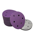 100 Pack 5 Inch 6Hole Alumina Sanding Discs With Super Sticky Hook And Loop Backing Ceramic Abrasive Pads For Metal Wood Projects Fast Dust Venting Design showing purple discs and 240 grit backing.