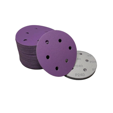 100 Pack 5 Inch 6Hole Alumina Sanding Discs With Super Sticky Hook And Loop Backing Ceramic Abrasive Pads For Metal Wood Projects Fast Dust Venting Design showing purple discs and 240 grit backing.