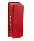 Four Pack Red Surface Mount Fire Extinguisher Cabinet With Hammer Attachment For 20 Lb Units side view with locking mechanism.