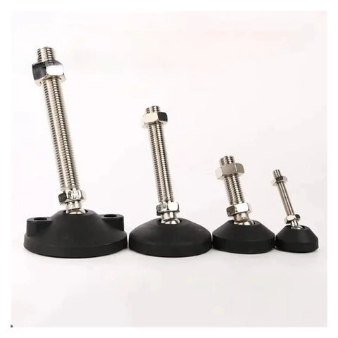 Universal Adjustable Leveling Feet With Swivel Base And Articulating Legs Provide Dead Set Stability For Heavy Gear And Furniture showing various sizes.