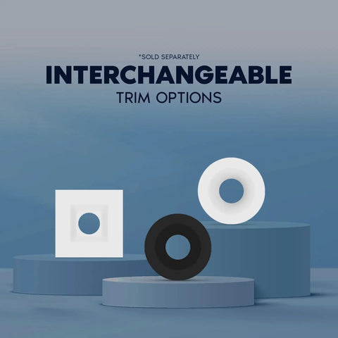 Interchangeable trim options for Top Shelf 3 Inch LED Recessed Spotlight featuring square white and round trims.