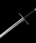 Close-up of Beefy Hand Forged Spring Steel Medieval Longsword 46 Inch Full Tang With Black Brown Scabbard Tempered 50 To 55 HRC