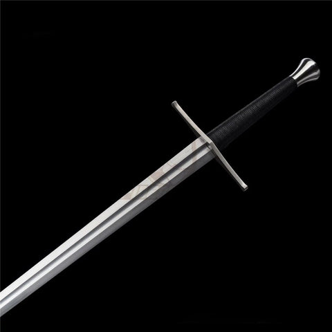Close-up of Beefy Hand Forged Spring Steel Medieval Longsword 46 Inch Full Tang With Black Brown Scabbard Tempered 50 To 55 HRC