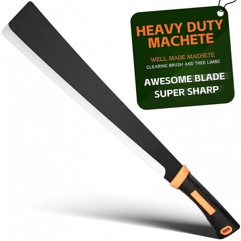 Heavy Duty Sickle Machete with Black Stainless Blade, 20 Inch for Yard Work and Bush Clearing, Rubber Grip, Product Label Visible
